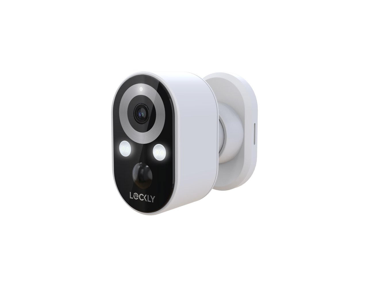 White security camera with a black front, featuring a circular lens and two smaller lights below it.