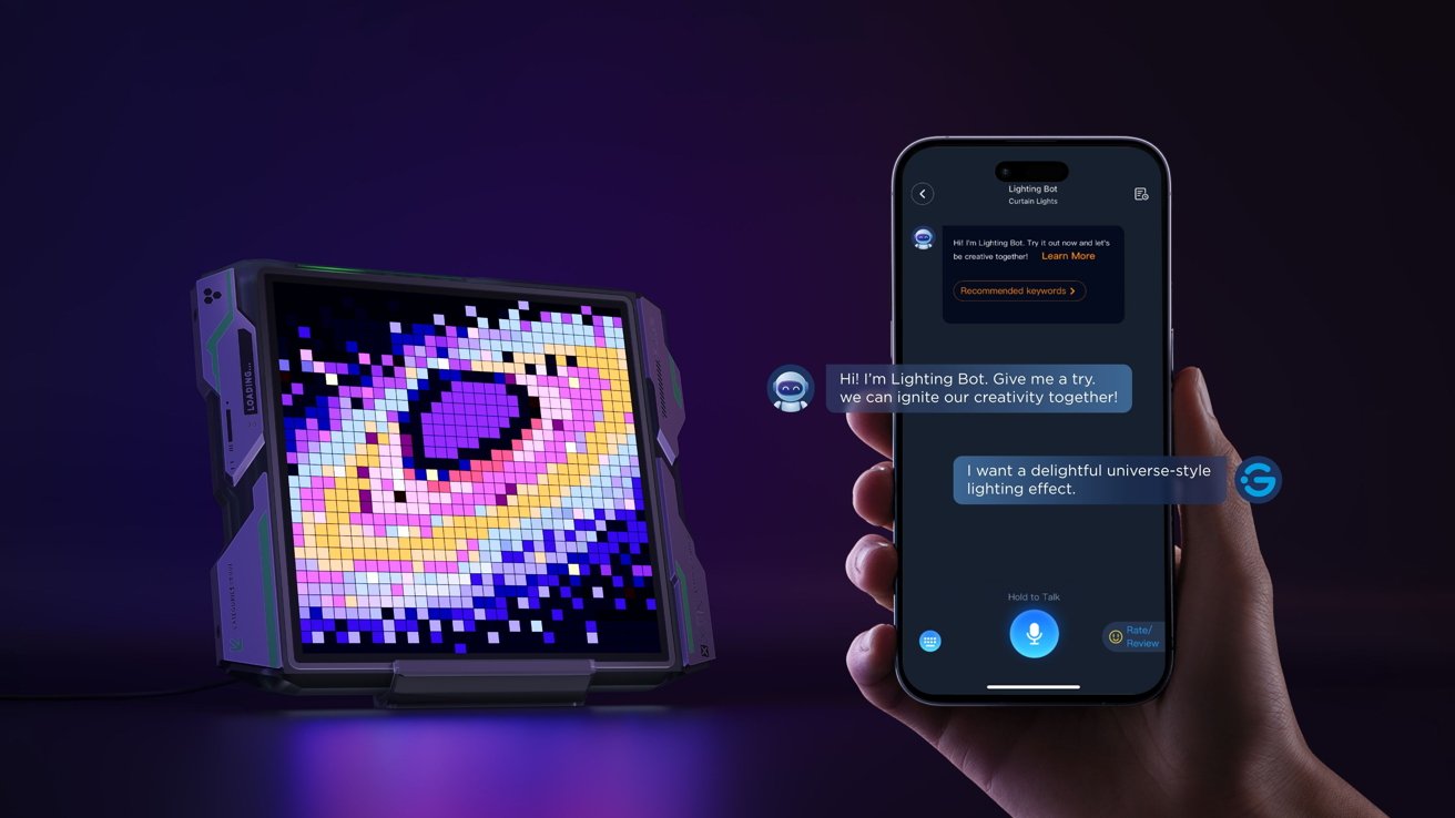 A futuristic looking pixel display next to a phone where someone is using an AI chatbot to generate images