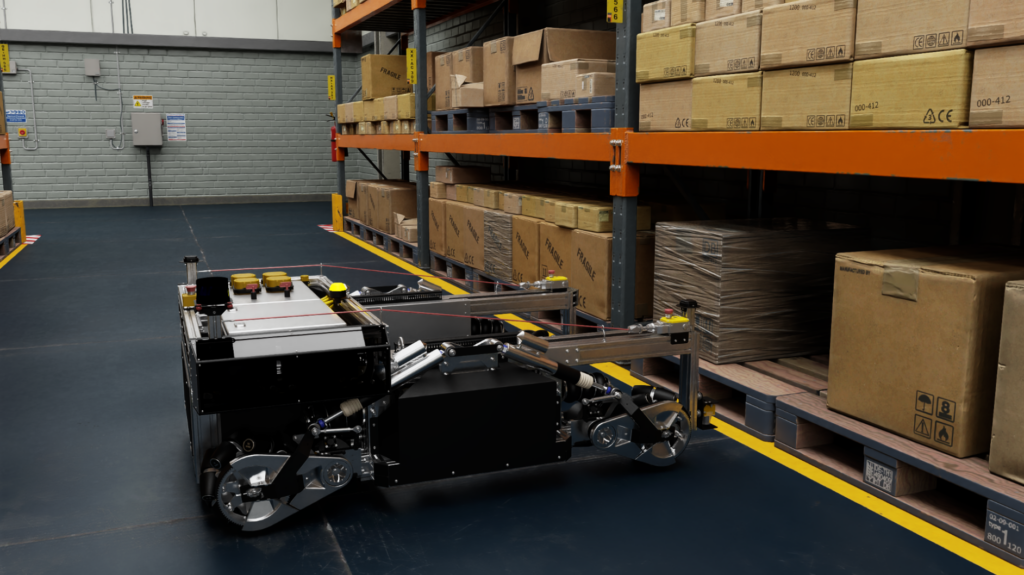 An image shows an autonomous mobile robot in a warehouse, which was composed with OpenUSD.