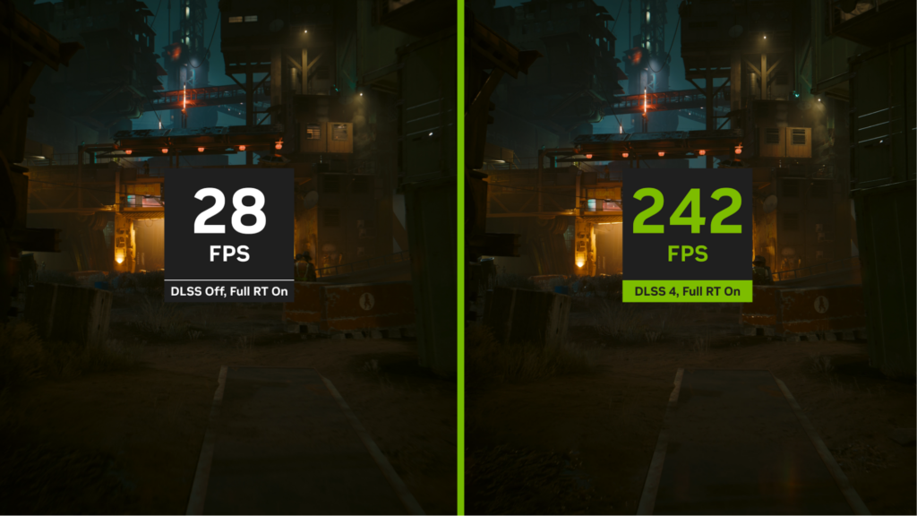 Screenshot of the same game still image twice, one with 28 FPS, DLSS off, and full RT on and the other with 242 FPS, DLSS 4, and full RT on.