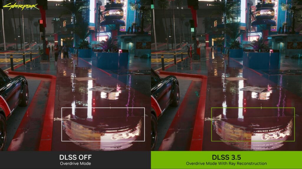 Two versions of a still image from the game Cyberpunk show DLSS off in Overdrive mode and DLSS 3.5 in Overdrive mode with Ray Reconstruction.