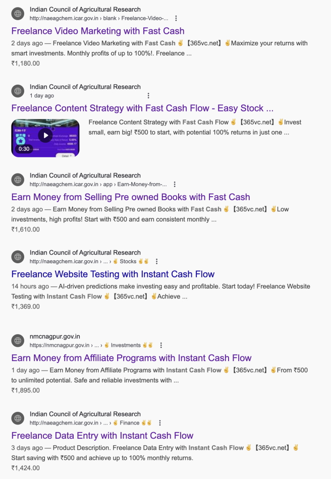 a screenshot showing several search engine results containing links — hosted on Indian government domains — to scammy websites about shady investments and online betting.