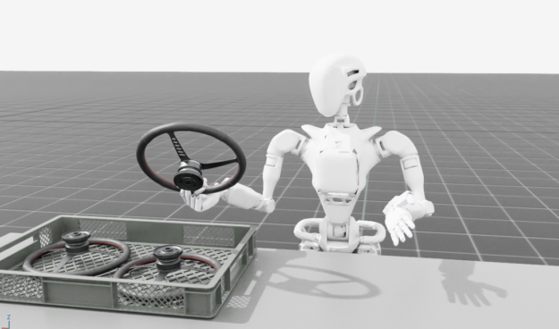 Image shows a humanoid robot on a grid background standing next to a table with two wheels in a tray. The robot is holding a wheel.