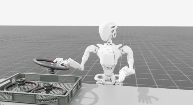 Image shows a humanoid robot on a grid background standing next to a table with two wheels in a tray. The robot is holding a wheel close to the tray.