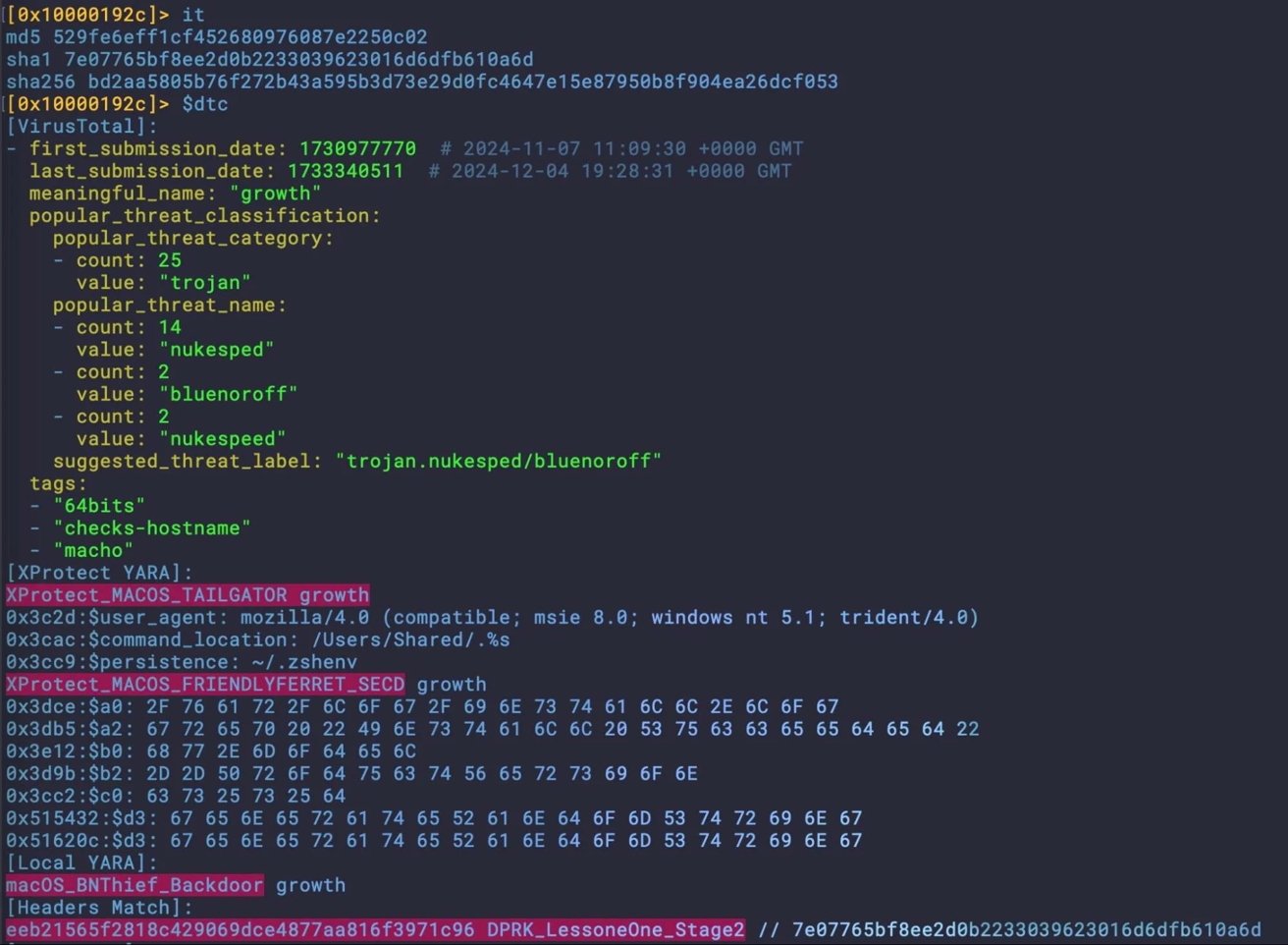 Code and metadata related to a computer virus, showing submission dates, threat categories, tags, and YARA rule identifiers, with details in a format resembling a terminal interface.