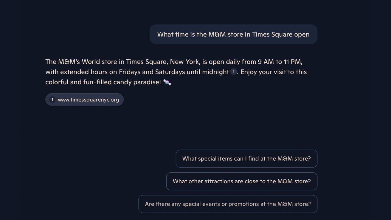 Chat interface discussing M&M's World store hours in Times Square, highlighting extended hours on Fridays and Saturdays. Includes website link and related query suggestions.