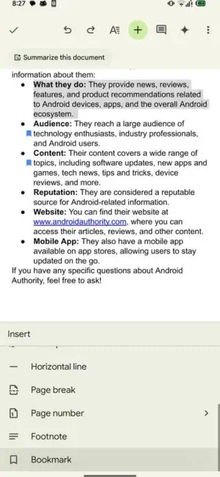 Google Docs Android Bookmark feature