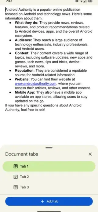 Google Docs Android Document tabs feature