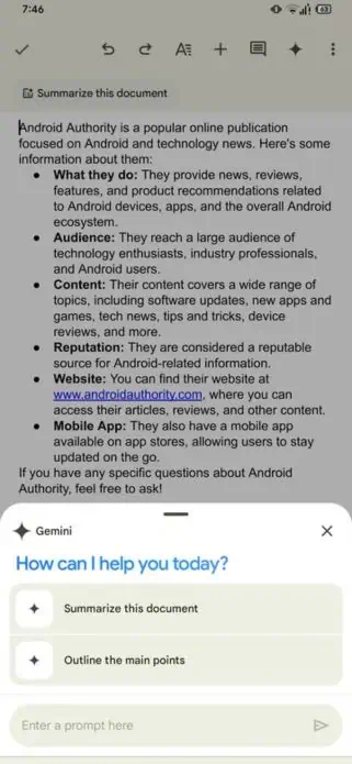 Google Docs Android Gemini feature