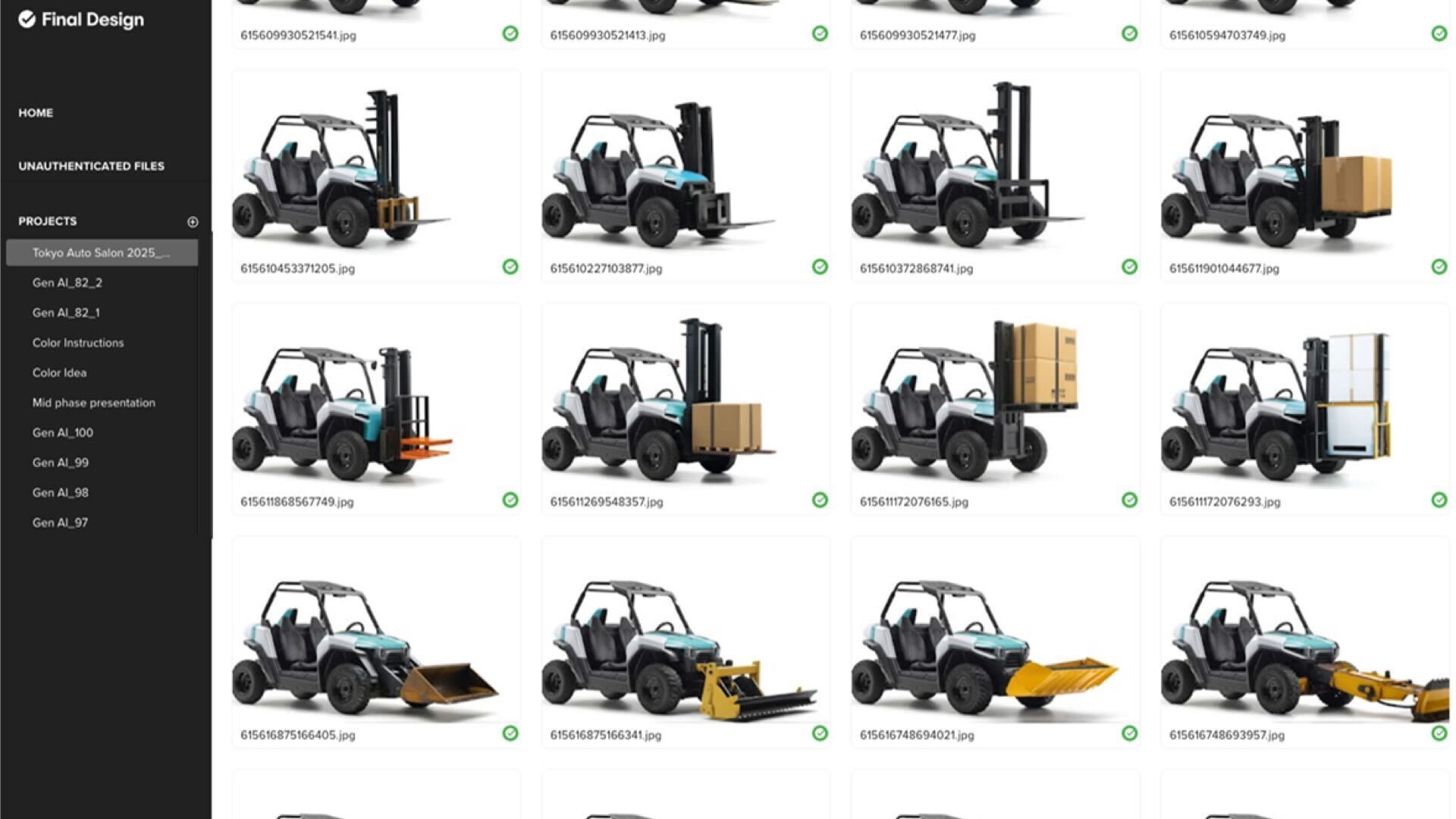 A grid display of 16 computer-generated UTV designs, each showing variations of the same light blue utility vehicle with different attachments including forklifts, box carriers, plows, and bulldozer blades in yellow, brown, and black colors, arranged in a 4x4 layout against a white background.