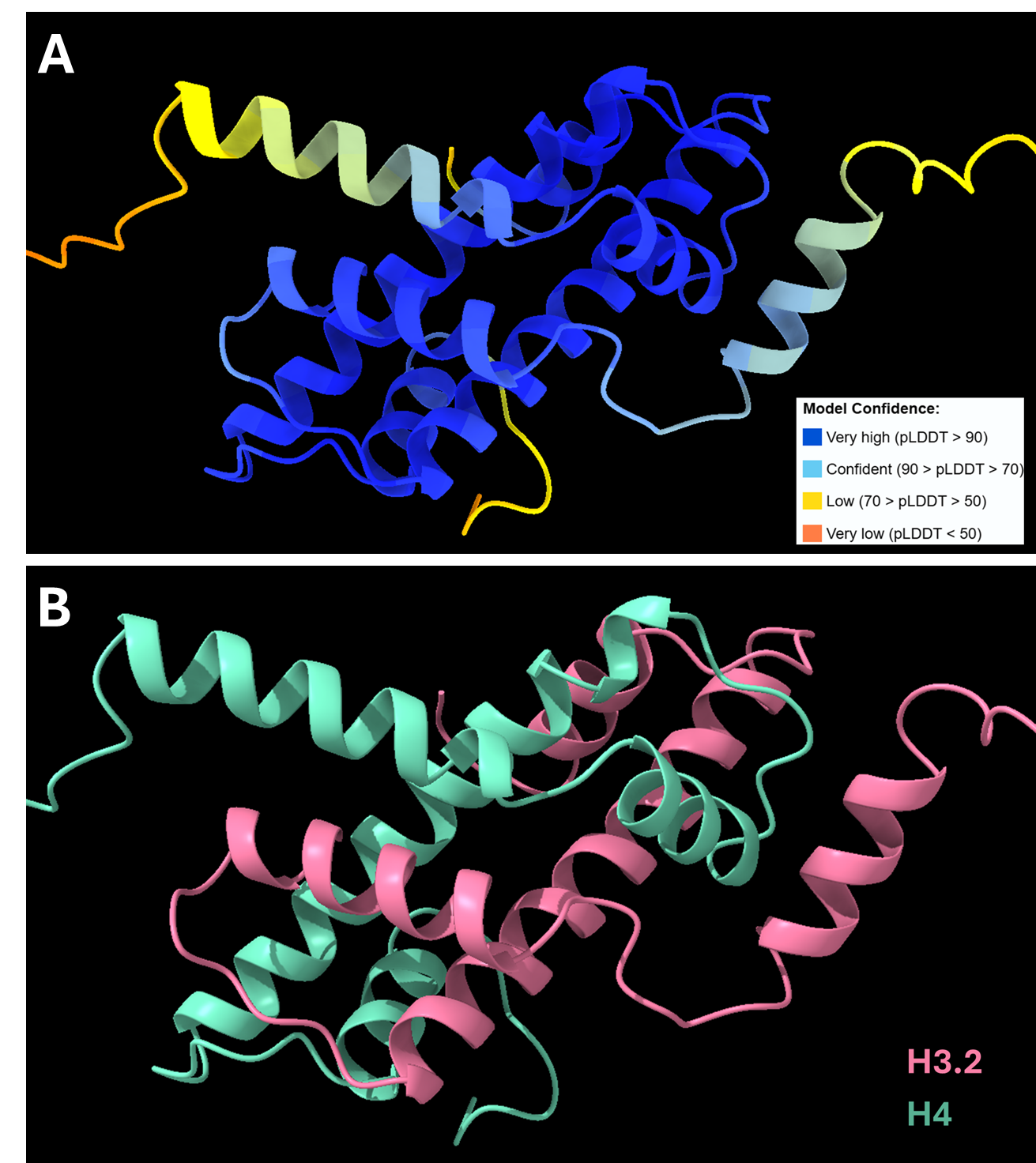 Two renderings of the predicted H3-H4 complex structure, colored by AlphaFold scores and protein respectively.