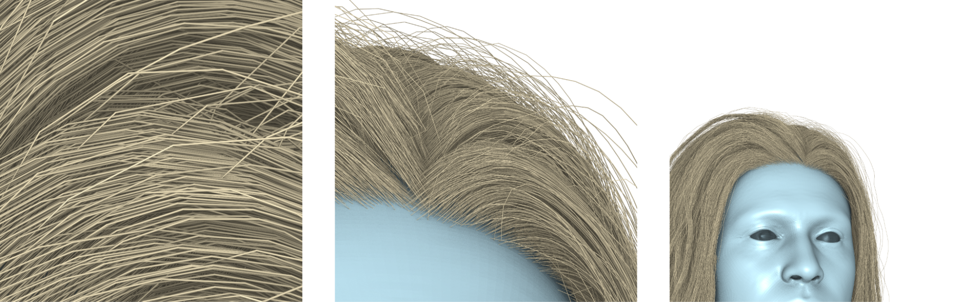 Three side-by-side images. A closeup of hair rendered with linear swept spheres with sharp angles visible (left); a mid-range view of hair with sharp angles difficult to see (middle); and a distant view of a head of hair with no sharp angles visible and curves appearing smooth (right).