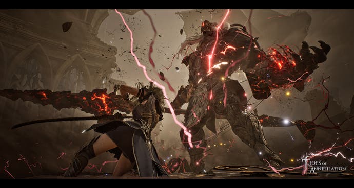 tidesofannihilation_screenshot01 Tides of Annihilation showing protagonist Gwendolyn facing a giant knight with red lightning