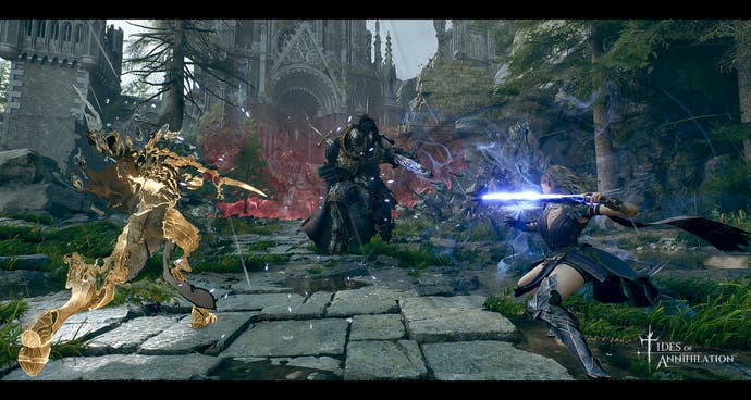 tidesofannihilation_screenshot04 Tides of Annihilation screenshot showing protagonist Gwendolyn facing a dark knight next to a summoned spectral gold knight