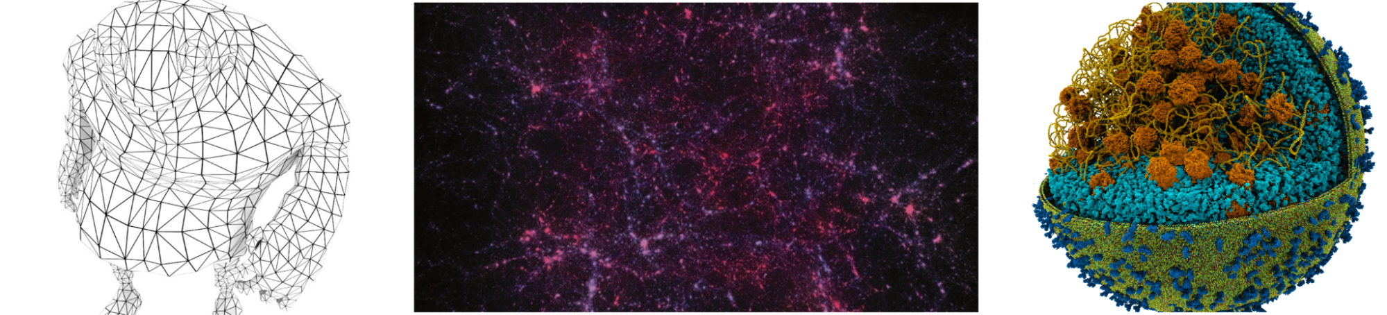 Three side-by-side images demonstrating alternative uses of LSS, including a wireframe render of the Big Guy model (left), a particle render of the universe (center), and a molecular visualization of a cell (right).