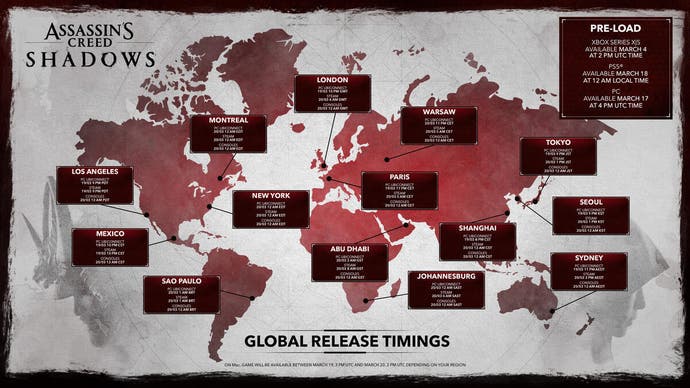 Assassin's Creed Shadows launch timing map.