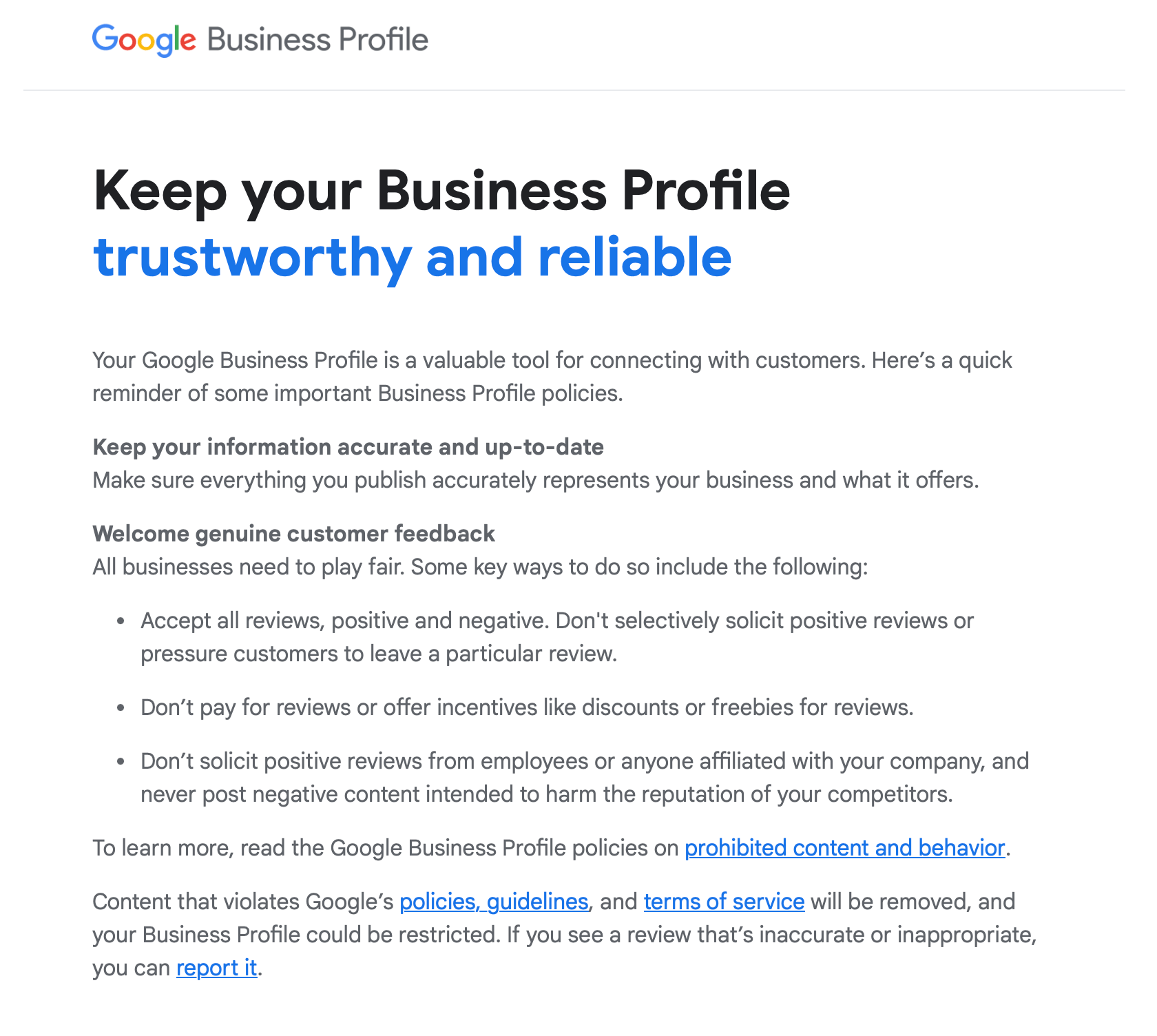 Google Business Profile Policy Reminder Email