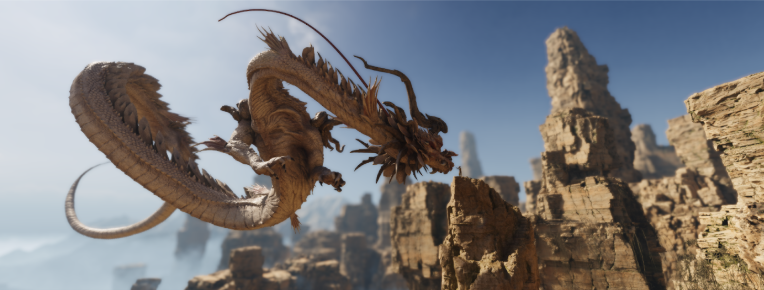 Rendered scene with a dragon flying over craggy rock cliffs, with a blue sky background.