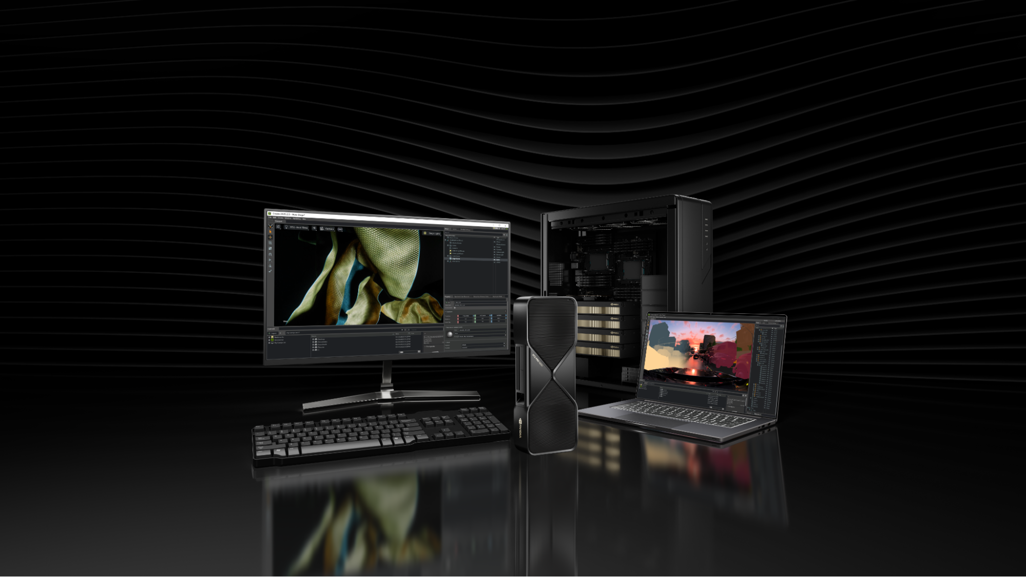 A lineup of NVIDIA RTX PRO AI workstation desktops and laptops displayed on a dark surface, showcasing high-performance hardware designed for local AI development and creative workflows.