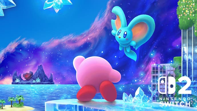 switch-2-kirby-1 Promotional art for Kirby and the Forgotten Land on Switch 2 showing Kirby standing on a crystal platform looking out over an ocean as an ominous purple cloud engulfs the skyline.