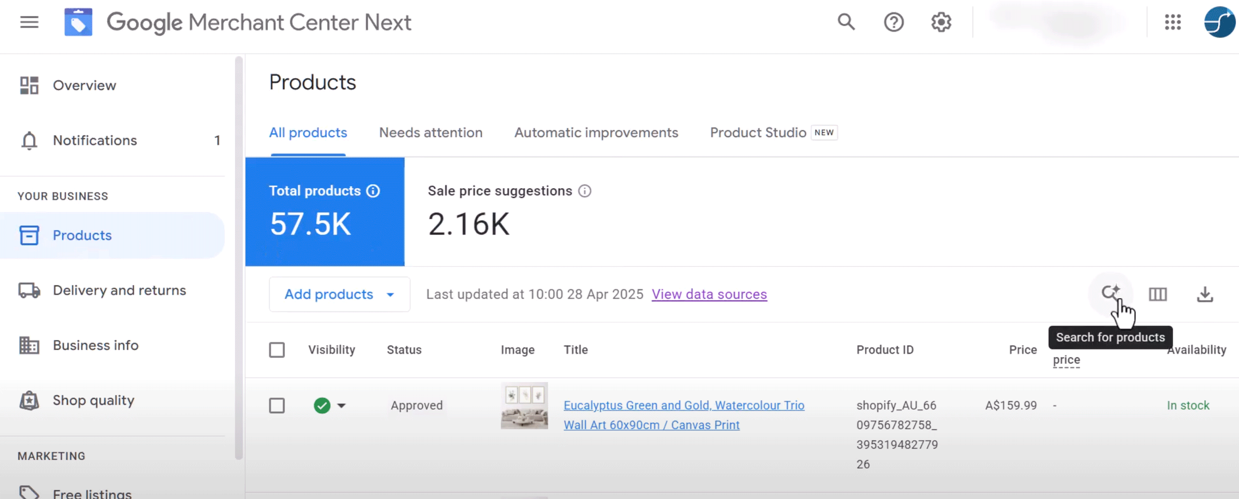 Google Merchant Center Search For Products Button