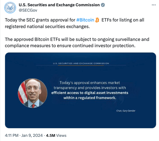 image A screenshot of the fake SEC post published by hackers who took over control of the @SECGov X account on January 9, 2024.