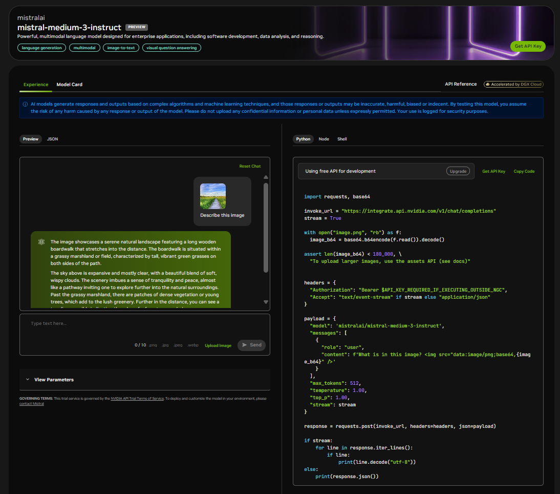 mistral-medium-3-model Screenshot of the Mistral Medium 3 language model running in the API catalog user interface, where the model understands natural language and image and generates responses based on user input prompt.