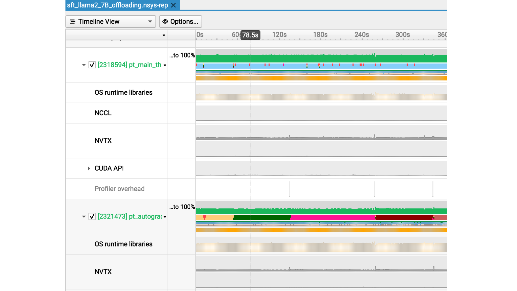 nsight-systems-main-autograd-threads-cpu-offloading Screenshot of detailed view of the main and autograd threads in Python when offloading the activations.
