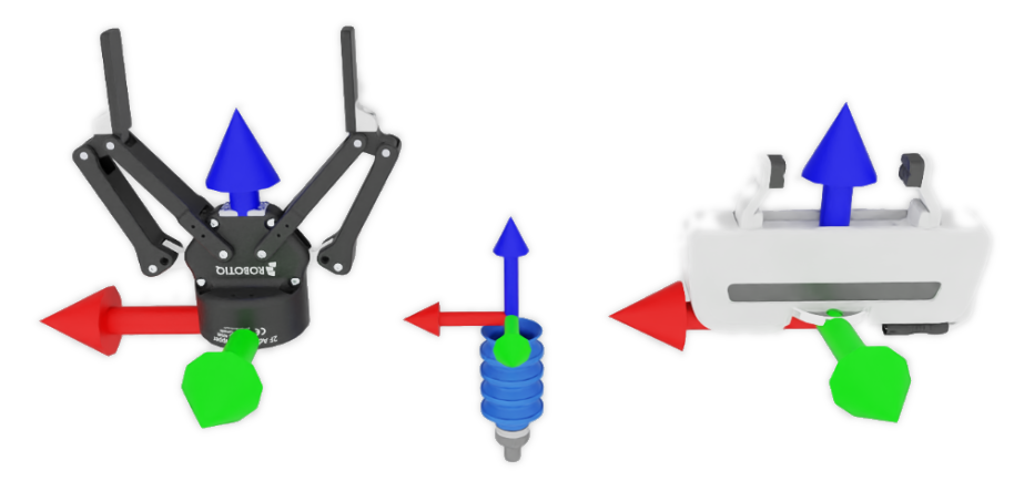 three-grippers-simulated-graspgen-dataset An image of three grippers in the simulated GraspGen dataset showing the coordinate frame convention. Left: Robotiq 2F-140 gripper, middle: a single-contact suction gripper, right: Franka Panda gripper.