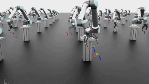 trained-policy-motion-generation-ur10e-robot-nvidia-isaac-lab GIF showing the UR10e robot performing motion generation using the trained model in Isaac Lab simulation.