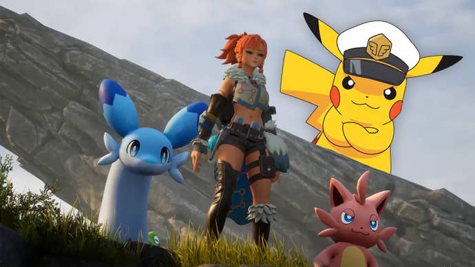 untitled-1_ysjqqod Captain Pikachu looks on at Palworld characters on a hillside.