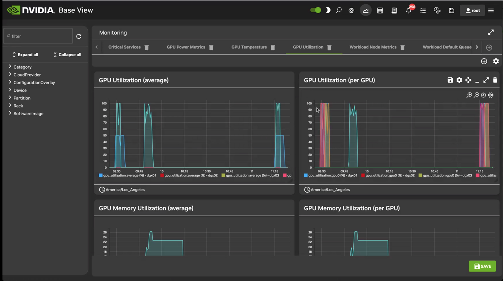 base-command-manager-fig-1 A black screen showing the NVIDIA Base Command Manager user interface with colorful graphs for monitoring GPU and memory utilization.