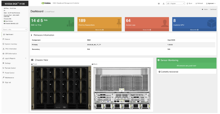 bmc-dashboard-nvidia-dgx-h100 Image of BMC dashboard on NVIDIA DGX H100.