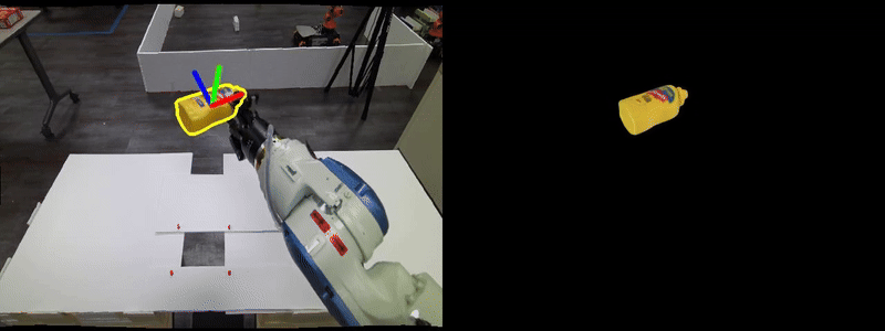 foundationpose-mustard Two side-by-side GIFs showing the masking of an object in a robot manipulator on the left and foundation pose detection on the right.