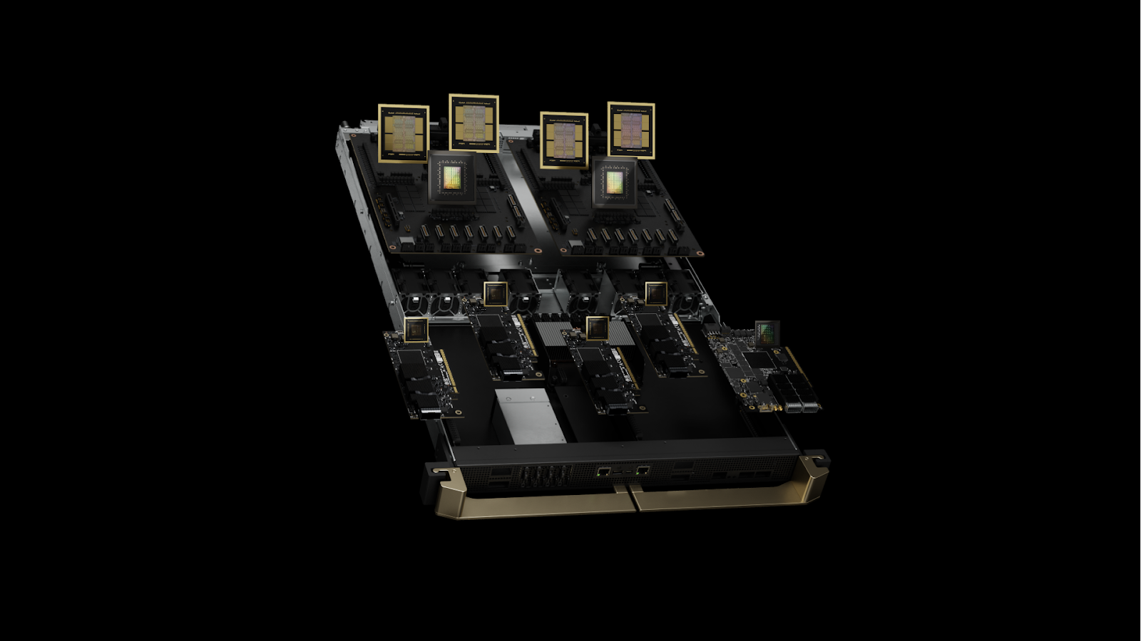 lma-fig-3 A photo of a single NVIDIA GB200 compute tray, featuring two Arm64 Grace CPUs and four Blackwell GPUs