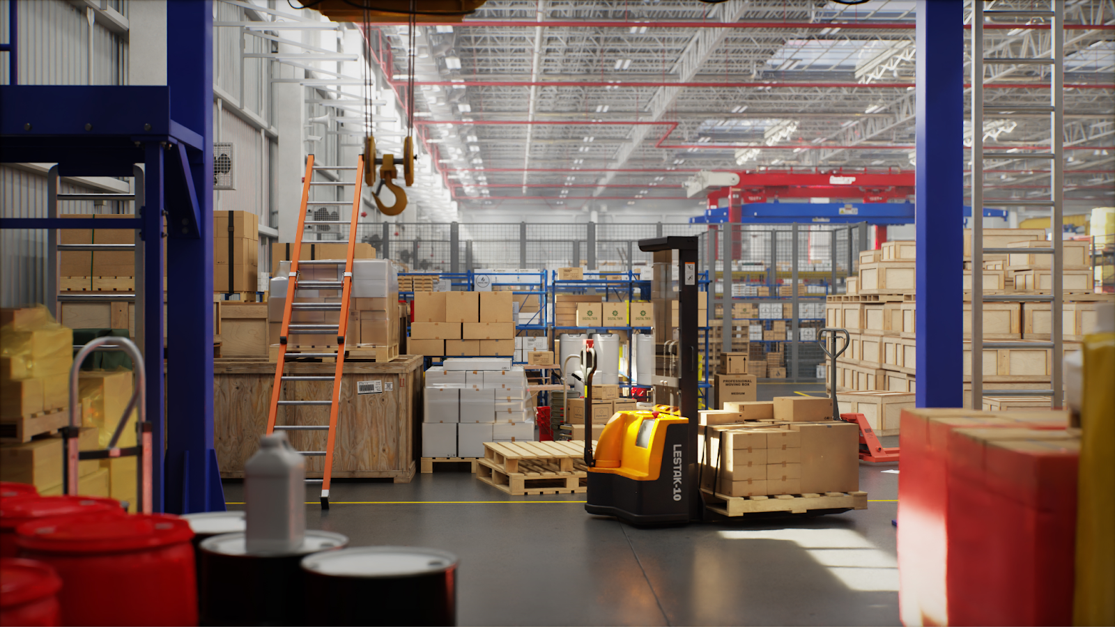 sim-fig-1 An image of a simulated factory scene with boxes, ladders and a forklift, as generated by Isaac Sim.