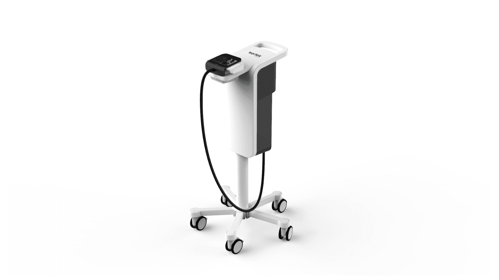 vortex-fig-1 A black and white imaging machine set against a white background. The Vortex360 imaging device is about the size of a gaming console and sits on top of a waist-high cart with wheels.