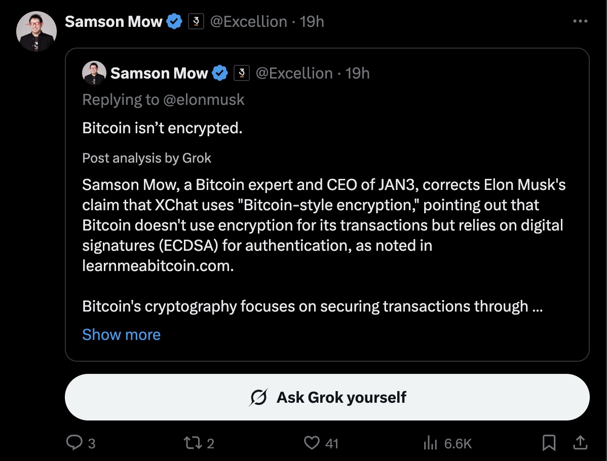x-post-about-xchat a screenshot from a Grok analysis saying, "Bitcoin isn't encrypted."