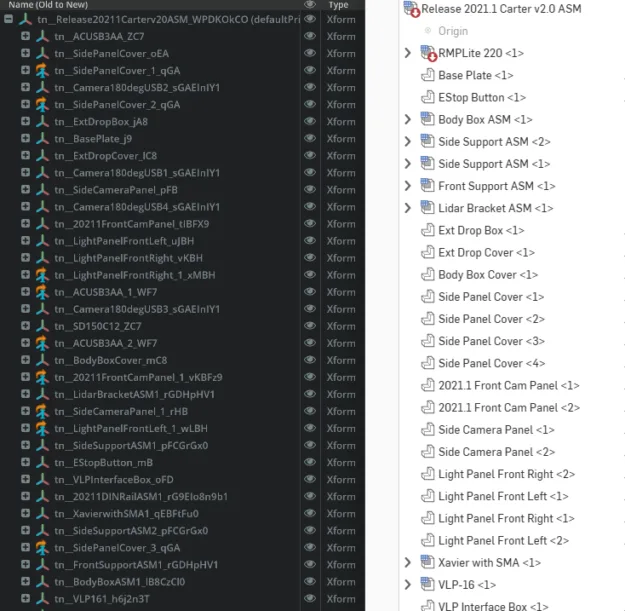 assembly-tree-structure-comparison-625x611-png Screenshot side-by-side comparison of hierarchy in Omniverse and OnShape.