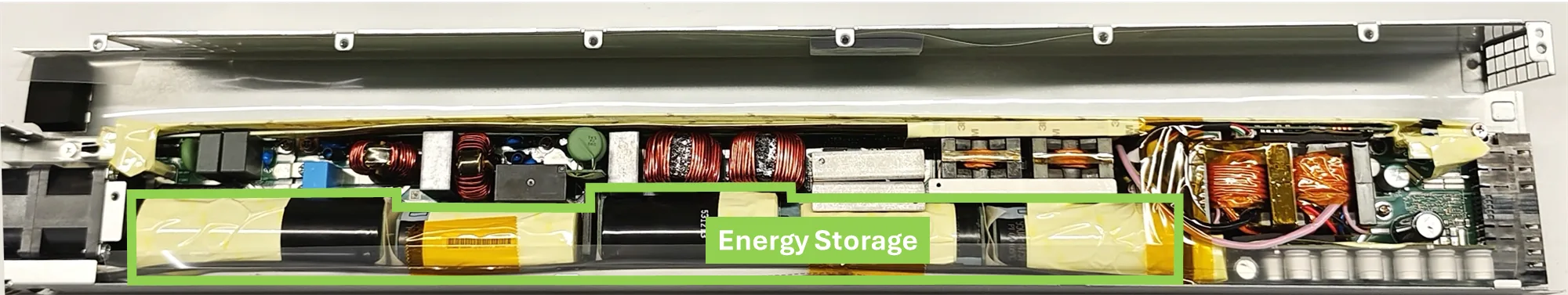 A photo from power supply vendor LITEON Technology showing the inside of a GB300 power supply unit, with the energy storage area highlighted in green.