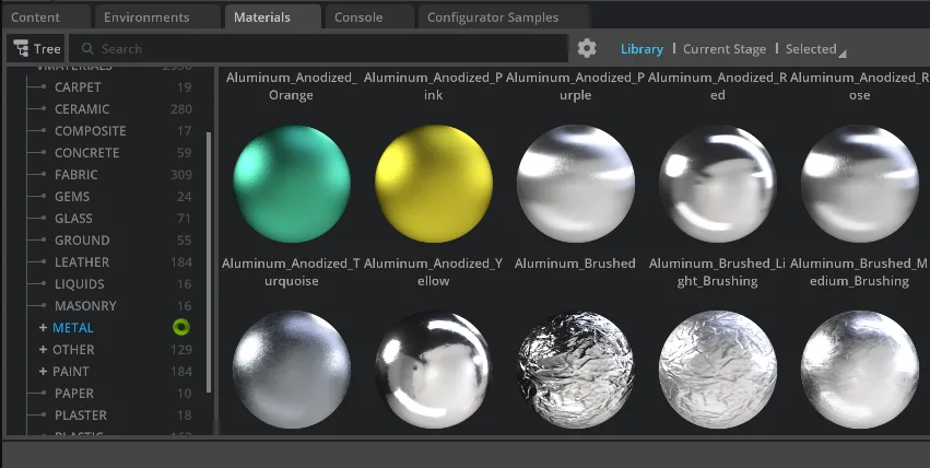 materials-section-omniverse-png Screenshot of the Materials section in Omniverse, showing various aluminum spheres with different colors and effects.