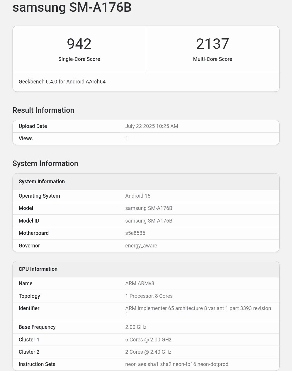 Samsung Galaxy A17 5G Geekbench benchmark