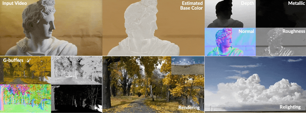 Images and videos showing rendering and re-lighting capabilities of DiffusionRenderer.