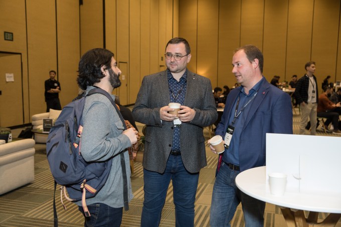 disrupt-2024-founders-networking A group of founders networking in the Investor Lounge called the Deal Flow Cafe at TechCrunch Disrupt 2024. Moscone West, San Francisco, California.