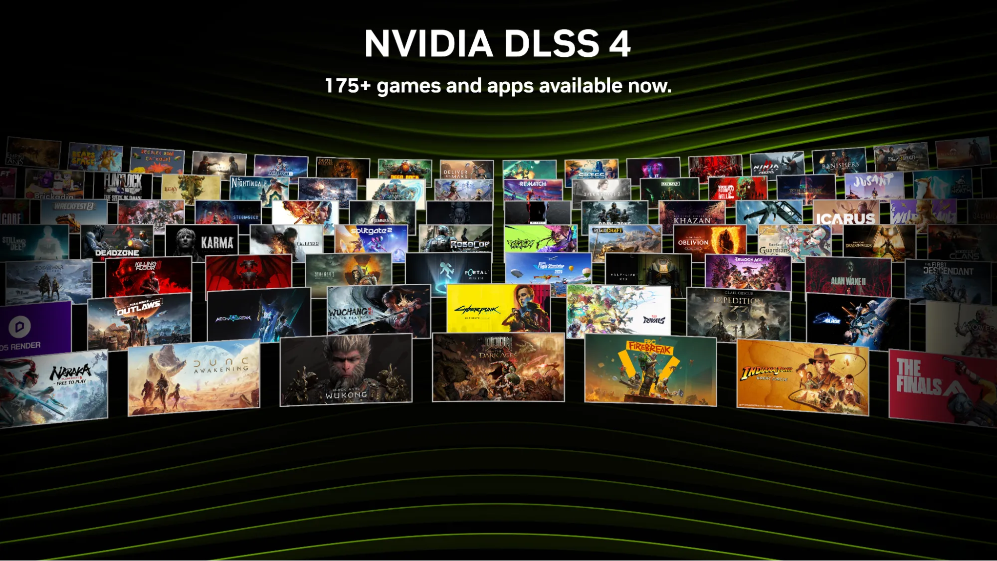 dlss-4-games-apps-png Image shows a wall of titles that feature DLSS 4.