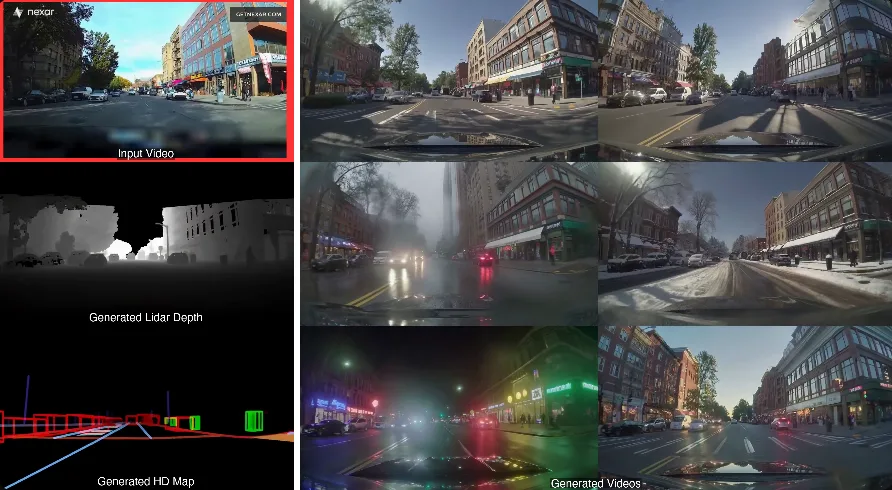 Different videos generated from the same input video using Cosmos Transfer and different text prompts.