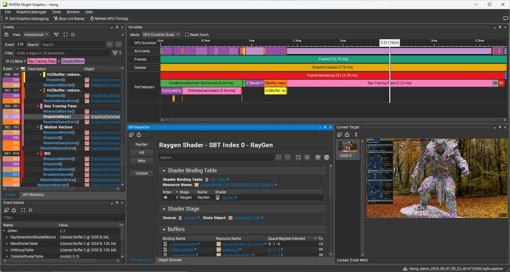 nsight-graphics-rtx-mega-geometry-inspection-png Screenshot of NVIDIA Nsight Graphics inspection of RTX Mega Geometry.
