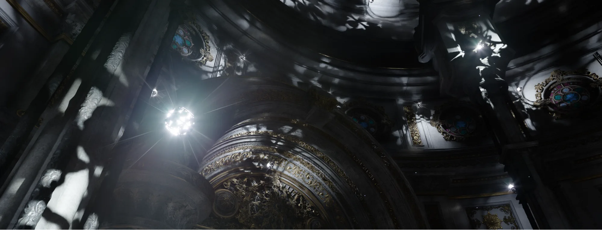 nvidia-rtx-kit-nvrtx-zorah-demo-png Interior of the ceiling area of a cathedral-like structure with light entering through a small window.