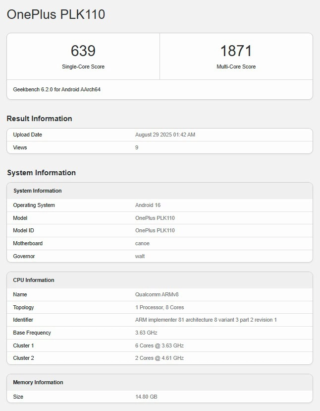 OnePlus 15 Geekbench