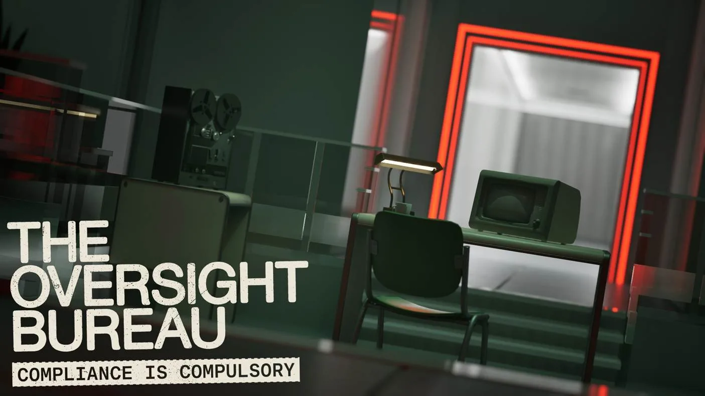 oversight-bureau-scene-jpg Image showing an empty chair and desk with retro monitor and lamp. Text at the bottom reads "THE OVERSIGHT BUREAU" accompanied by the phrase "COMPLIANCE IS COMPULSORY.”